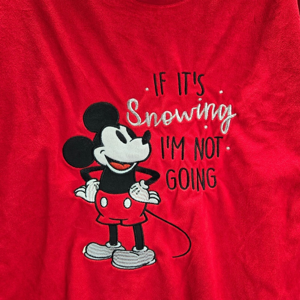 Disney Women Sweatshirt Medium Red Mickey If It's Snowing I'm Going Pullover NWT - Picture 3 of 9